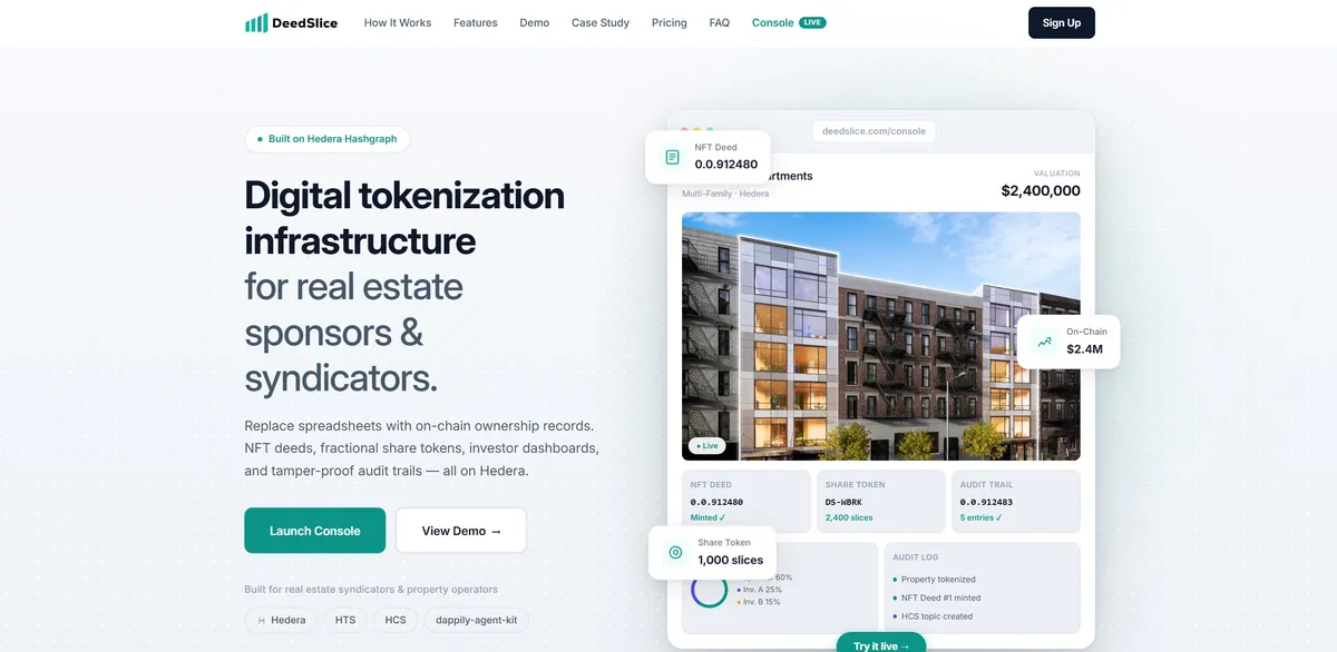 Homepage of DeedSlice, digital tokenization infrastructure for real estate