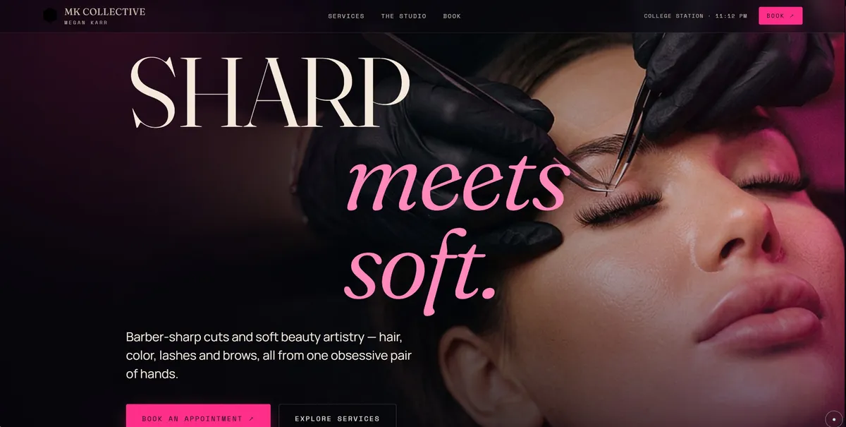 Homepage of MK Collective, a College Station beauty studio — Sharp meets soft