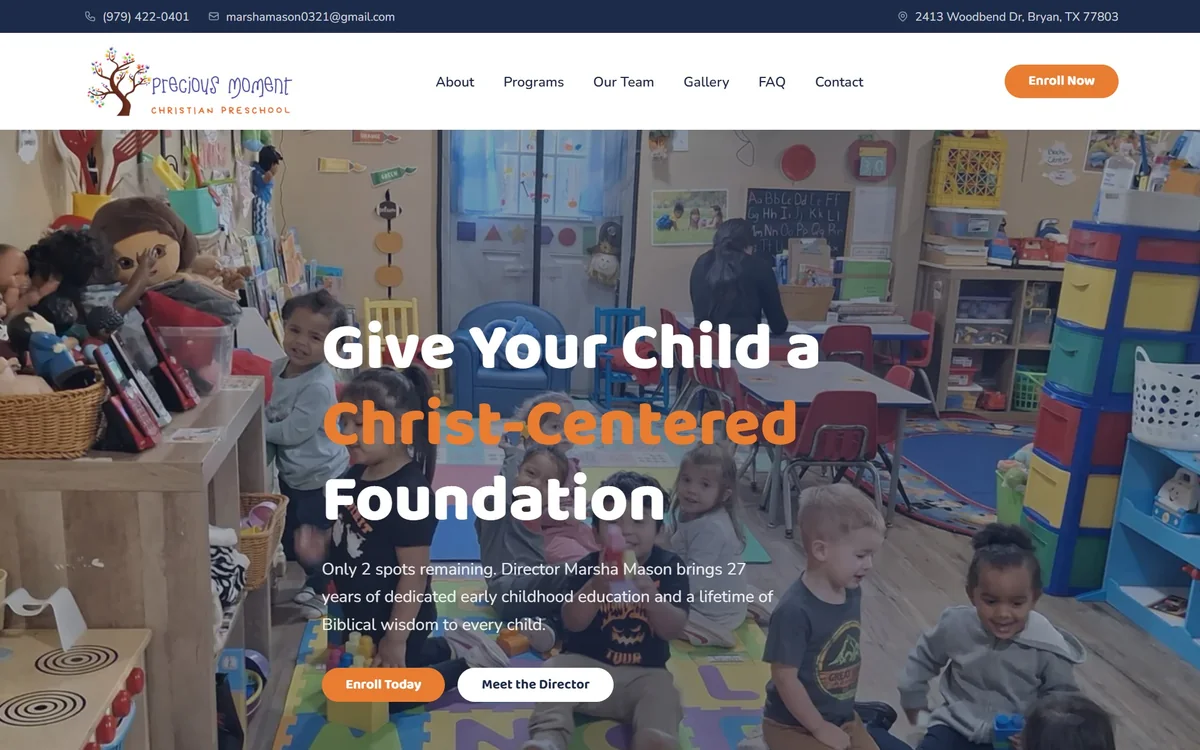 Homepage of the Precious Moments Christian Preschool website