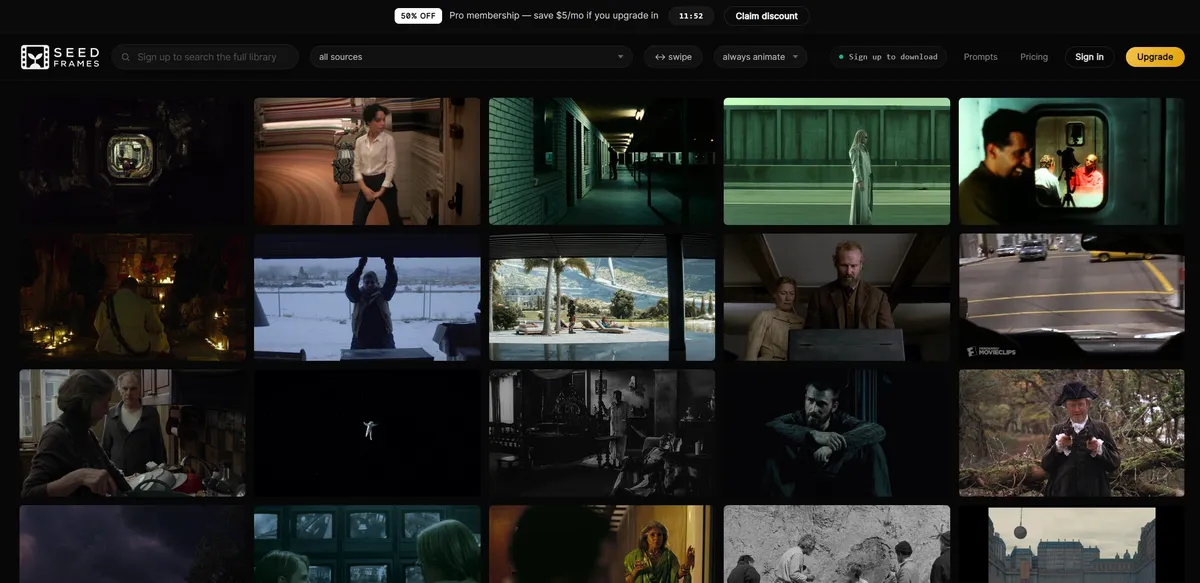 Homepage of seedframes, a cinematic reference library